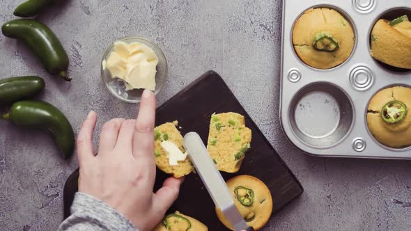 Step by step. Flat lay. Freshly baked slicy jalapeno cornbread muffins.