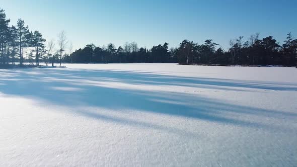 Aerial view of snowy bog landscape with frozen lakes in sunny winter day, Dunika peat bog (Rucava, L