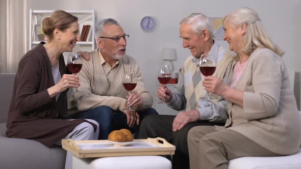 Cheerful Elderly Friends Drinking Wine and Talking, Leisure Time, Relaxation