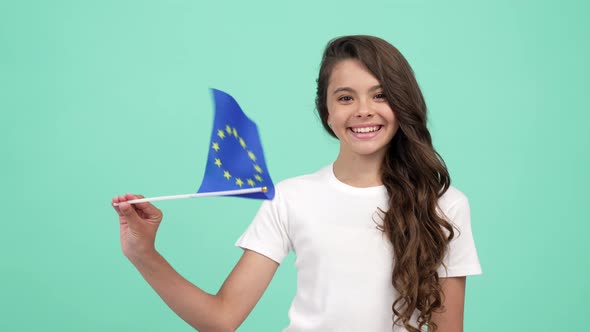 Kid with Happy Face Waving European Union Blue Flag Union Flag