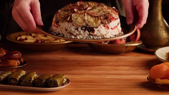 Maqluba Dish Closeup Rice and Vegetables Arabian National Traditional Food