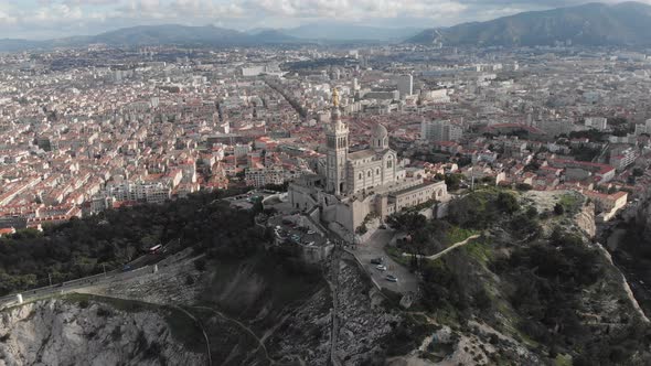 Aerial view of the basilica Notre Dame de la Garde in Marseille. France 2020