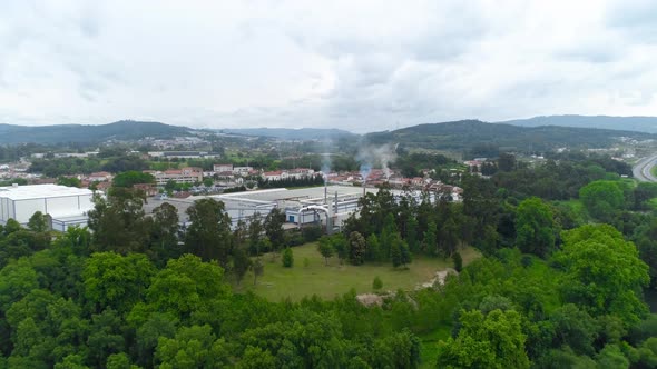 Flight Over the Forest to Industrial Factory