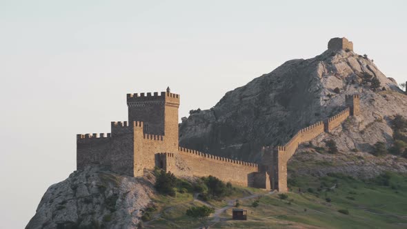 Footage Over the Genoese Fortress in Sudak, Crimea at Sunset