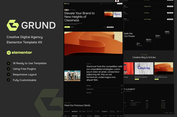Grund – Creative Digital Agency Elementor Template Kit – 0 Sold!