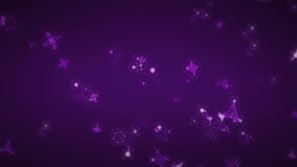 Animation of multiple 3d purple glowing molecules