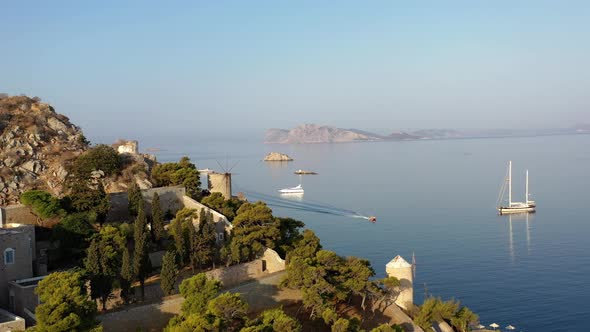 Aerial View of Hydra Old Town and Marina or Seaport Greece  Drone Videography