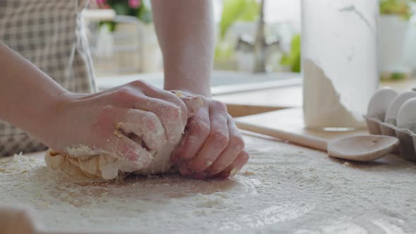 Closeup Beautiful Young Female Hands Kneading Sticky Dough on Table in Flour Prepare Cook White