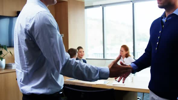 Executives shaking hands in office