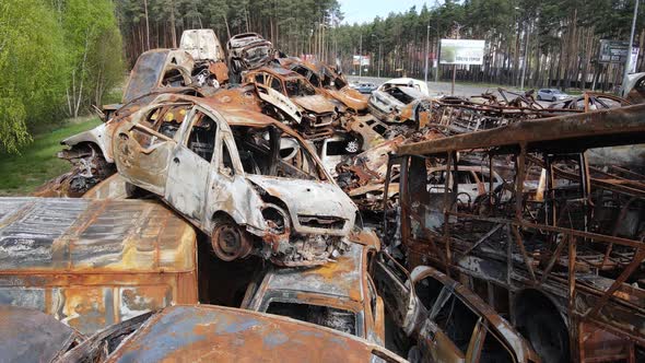 Consequences of the War in Ukraine  a Dump of Shot and Burned Cars in the City of Irpen Near Kyiv