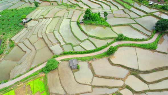 Aerial video of drones flying over rice terraces 