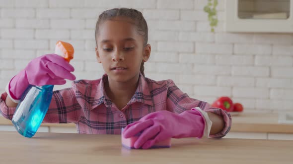 Little Housekeeping Girl Cleaning with Spray Detergent