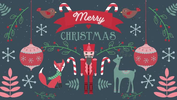 Animation of Merry Christmas words with animals on Christmas decorations background