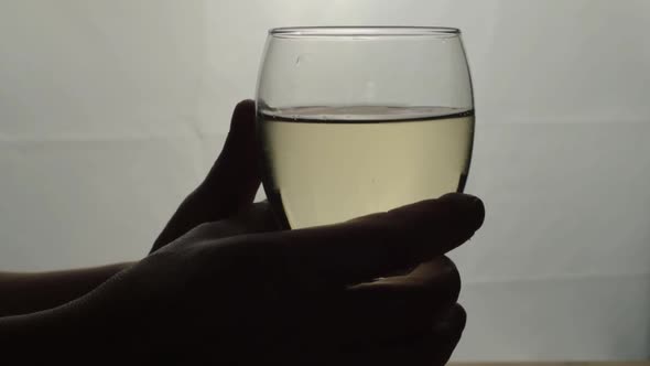 Two hands holding glass of white wine silhouette close up shot