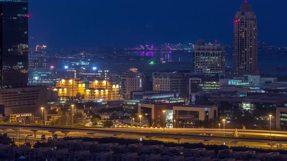 Dubai Media City Skyscrapers Night to Day Timelapse Dubai United Arab Emirates