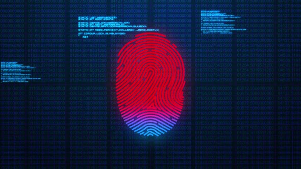 Animation of digital biometric fingerprint computer interface icon and data processing 