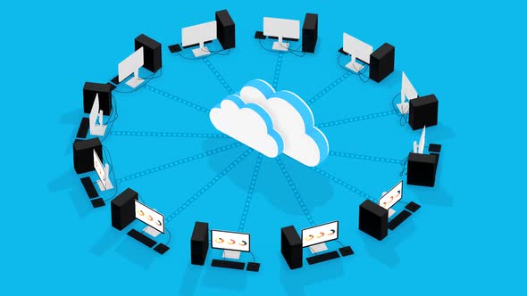 Computer Network Cloud Concept. Computers receiving data from the cloud.