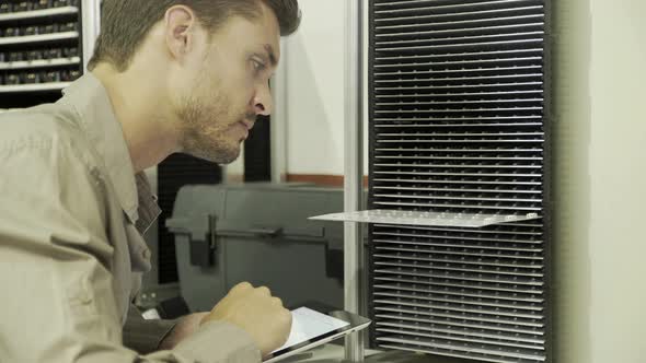 Man using digital tablet while inspecting electrical equipment