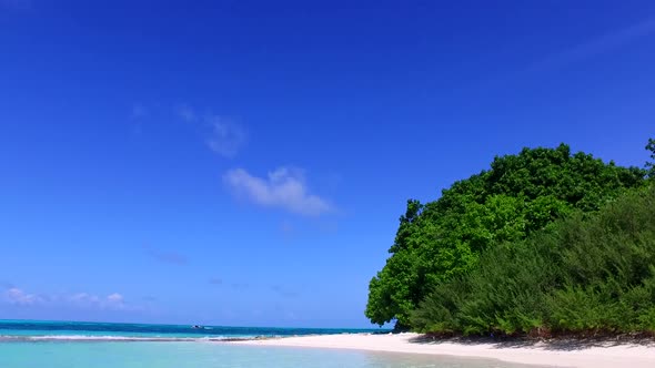 Wide angle tourism of exotic tourist beach by ocean with sand background before sunset