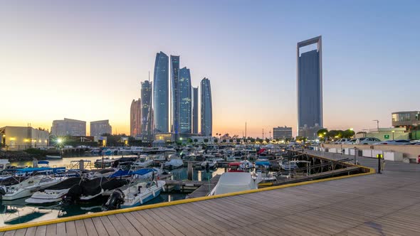 Al Bateen Marina Abu Dhabi Day to Night Timelapse with Modern Skyscrapers on Background