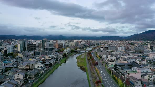 Aerial view 4k video by drone of Kyoto buildings with skyline view in Kyoto city