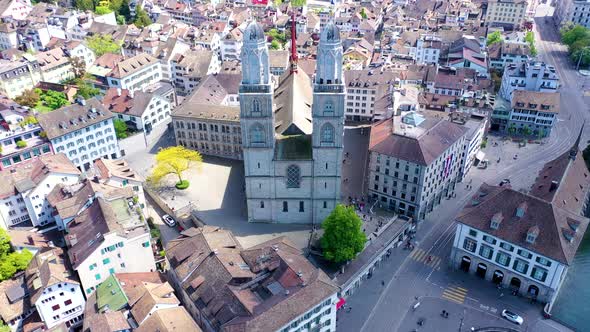 Zurich, switzerland Grossmunster Cathredral - Front view Aerial