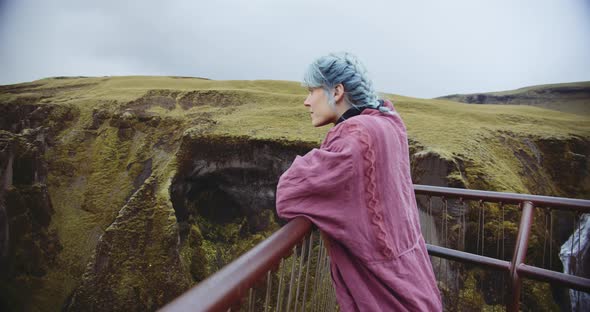 Beautiful Young Woman Looking Into Fjadrargljufur Canyon