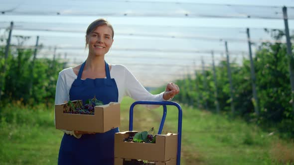 Young Lady Holding Box at Agriculture Modern Green House