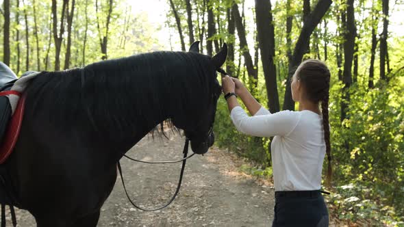 Young Beauty Girl Gently Caressing Her Horse in the Park.