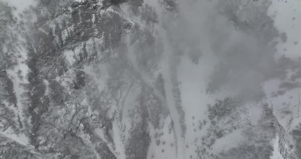 Aerial view of beautiful snowy mountains in Gudauri, Georgia