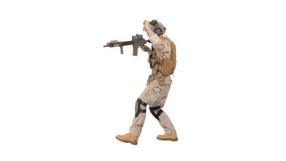 Soldier Walking Aiming with Rifle and Using Radio on White Background.
