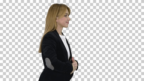 Blonde business woman walking and touching her hair, Alpha Channel