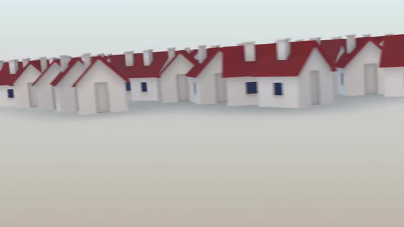 Houses with red roofs transform into the 'Develompent' word. 3D animation.