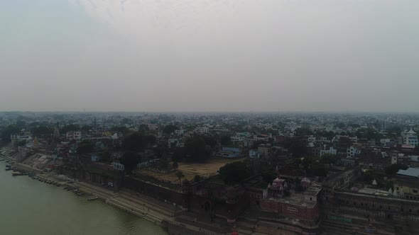 City of Varanasi or Benares in Uttar Pradesh in India seen from the sky