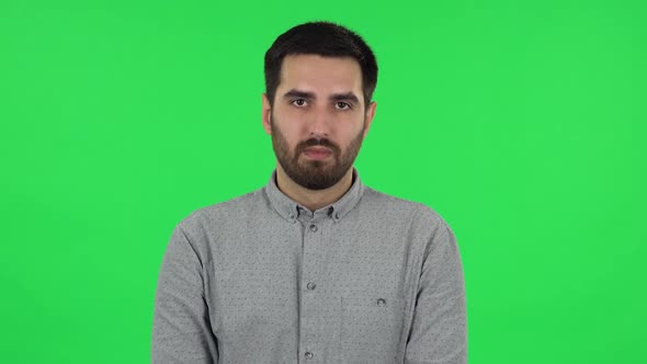 Portrait of Brunette Guy Looking Straight. Green Screen