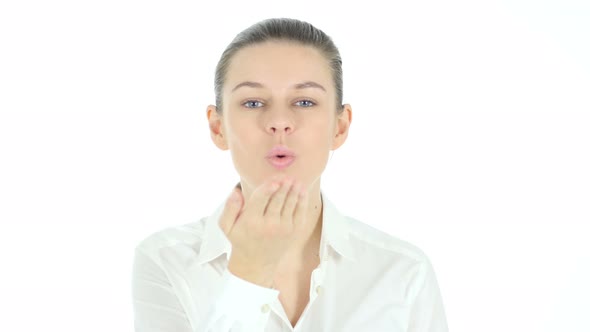 Flying Kiss by Woman, White Background