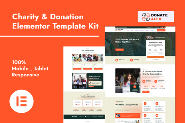 DonateAlfa – Charity & Donation Elementor Pro Template Kit – 0 Sold!