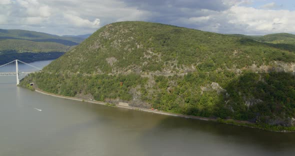 Aerial Pan Around of Bear Mountain and Bridge Over the Hudson River