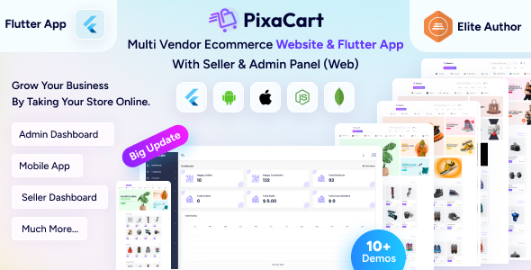 PixaCart -  Multi-Vendor eCommerce Flutter App with Website, Admin & Seller Panels(web)