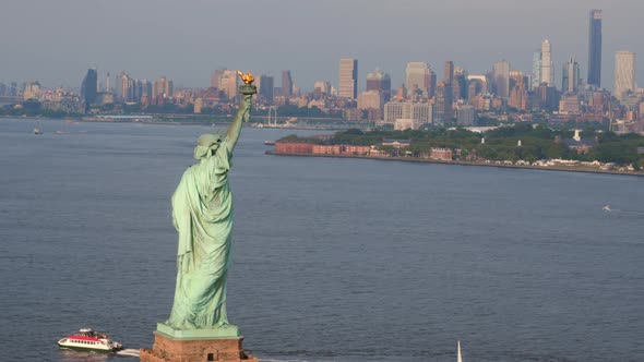 Aerial of a Symbol of West Values Statue of Liberty New York