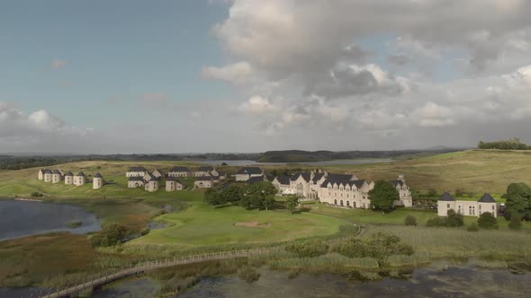 Shot from the air of the Idyllic Lough Erne Resort is situated on Lough Erne, Enniskillen, County Fe