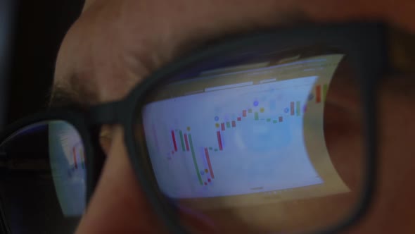 Man with Glasses Working at a Computer Stock Market Analytics