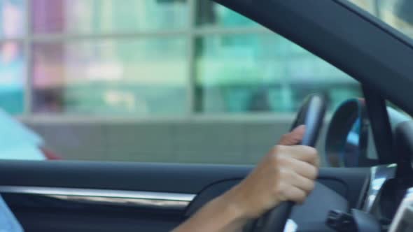 Self-Confident Businesswoman Parking Auto Near Office Center, Experienced Driver