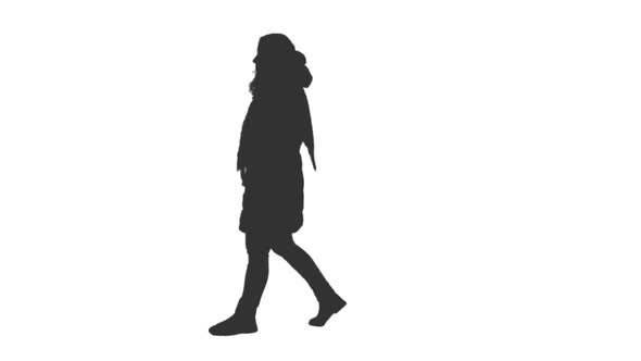 Silhouette Young Woman Walking in Coats and Scarf, Alpha Channel