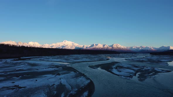 Mount Denali and Chulitna River in Winter at Sunrise