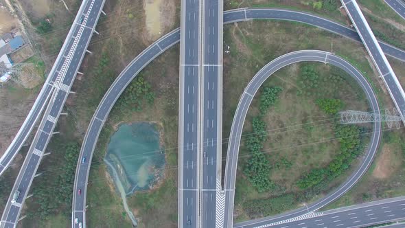 Aerial view of highway and overpass in city