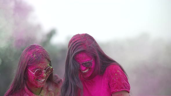 Girls Playing Indian Festival Holi Celebration Slowmotion