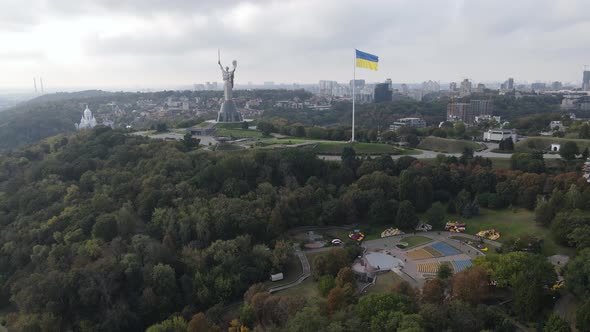 Aerial View of the Flag of Ukraine in Kyiv. Slow Motion. Kiev