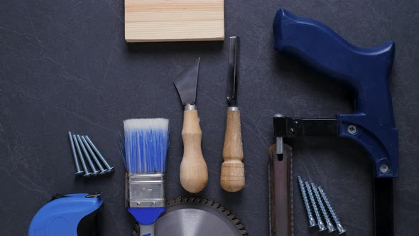 Blue Set of Work Construction Tools on the Table