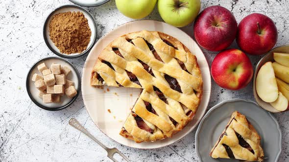 Delicious Apple Pie Cake with a Fresh Fruits, Brown and Powder Sugar